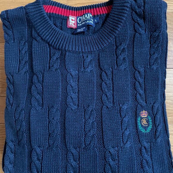 Chaps Other - Vtg Chaps Ralph Lauren Sweater Mens L Blue Cable Knit Embroidered Crest‎ Logo